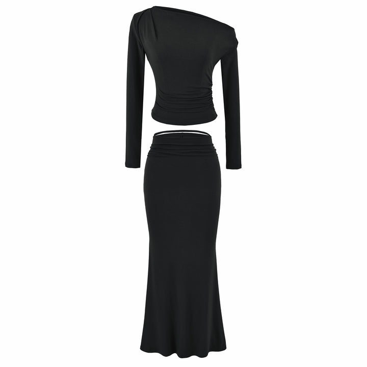 Damen Einschultriges zweiteiliges Set mit gerafftem Crop-Top und tailliertem Maxirock Echoarchiv