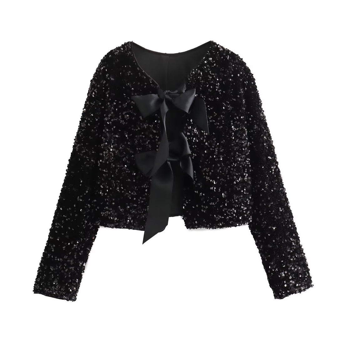 Damen glitzernde Cropped-Bolerojacke mit Paillettenbesatz und dekorativen Satinschleifen – Célinea