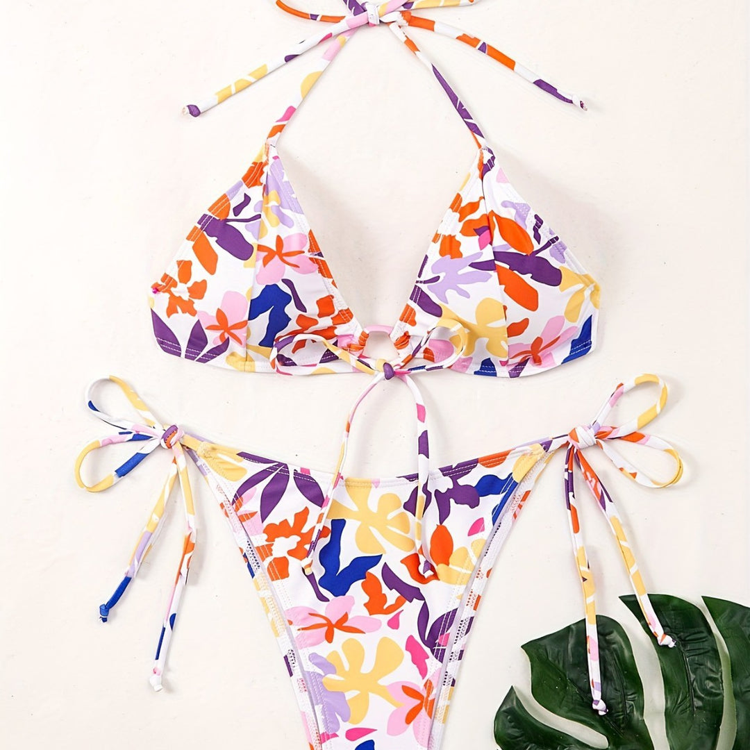Damen Triangel-Bikini mit verstellbaren Schnüren und fröhlichem Blumenmuster Echo Archiv
