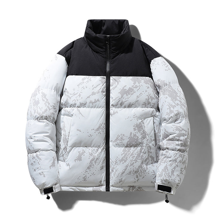 Herren Wattierte Steppjacke mit Camouflage‑Print, hohem Stehkragen & verstellbarem Saum Echoarchiv