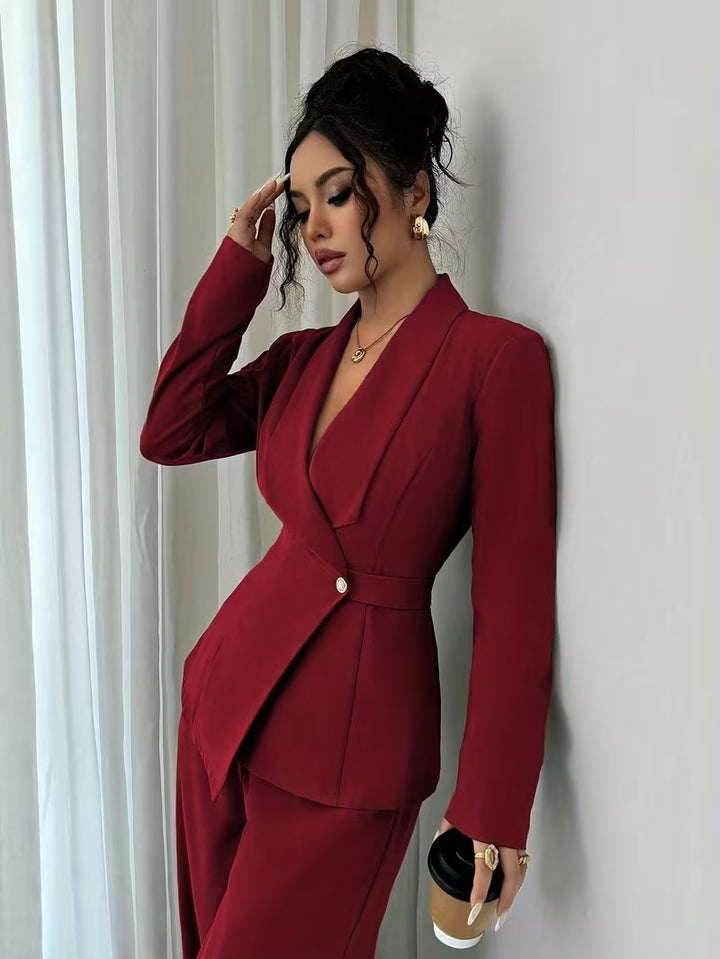 Damen taillierter Businessblazer mit Schalkragen, Gürtelbund und Ein-Knopf-Verschluss – Valéne