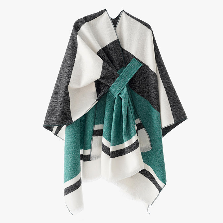 Damen Oversize-Capeponcho aus Wollmix mit Bindeschlaufe und Streifenbordüre Echo Archiv
