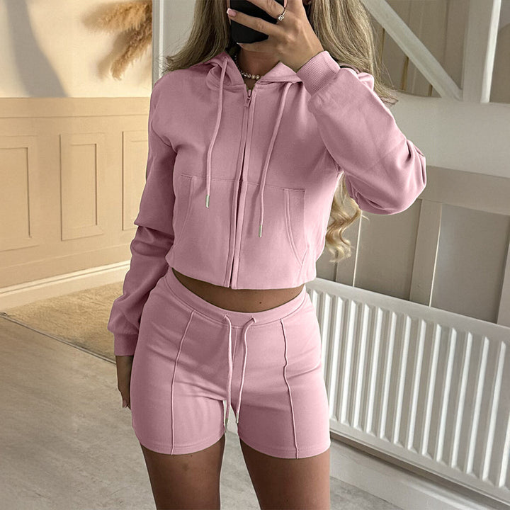 Damen lässiges Sweatshirt- und Short-Set mit dekorativen Schleifen-Applikationen, hohem Rundhalsausschnitt und Tunnelzugbund – Avérine