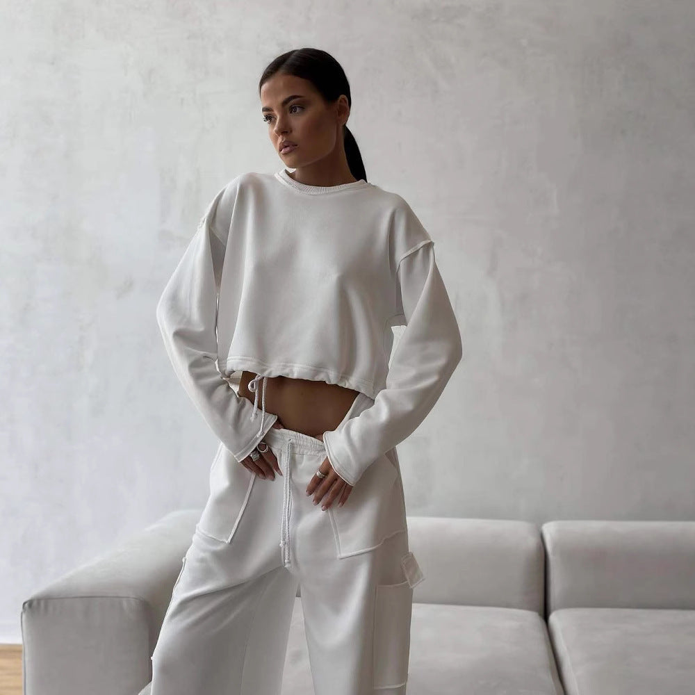 Damen Kurzes Tunnelzug-Sweatshirt mit geripptem Saum und lässiger High‑Waist‑Jogginghose – Avérine