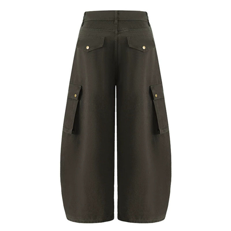 Damen Weite Cargo-Palazzo-Hose mit hohem Bund, Ballon-Saum und mehreren Klappentaschen Echoarchiv