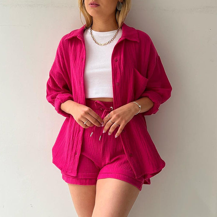 Damen nan lässiges oversized Hemd und Shorts Set mit Brusttasche Kordelbund und gerauter Baumwollstruktur Echo Archiv