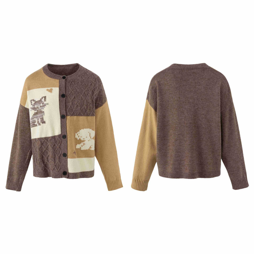 Damen Strickcardigan im Patchwork‑Look mit Zopfmuster und Rundhalsausschnitt Echoarchiv
