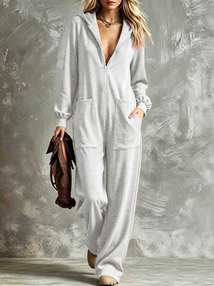 Damen Kapuzen-Jumpsuit mit durchgehendem Reißverschluss und aufgesetzten Taschen Echoarchiv
