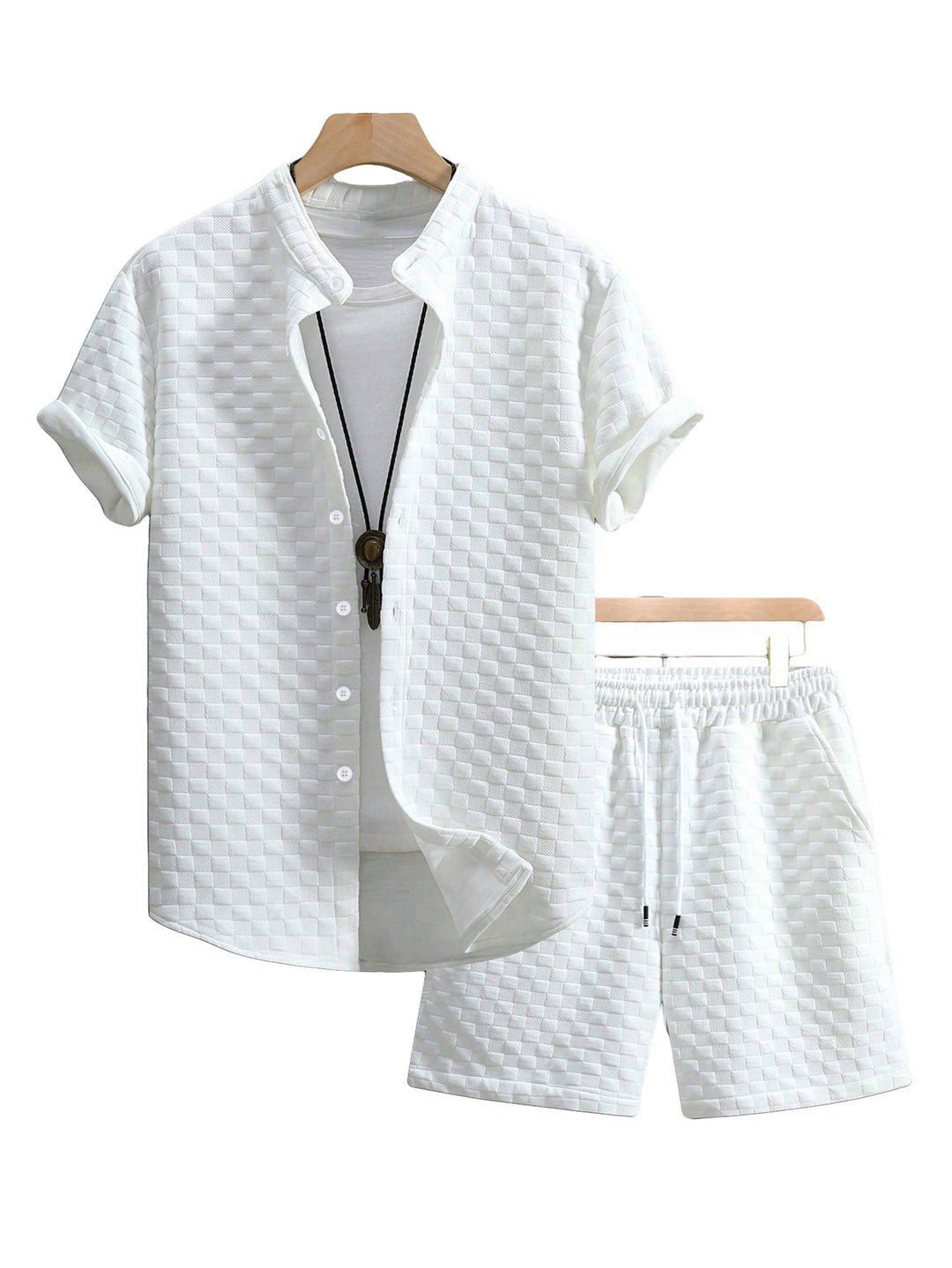 Herren nan zweiteiliges Sommerensemble mit Stehkragen-Hemdjacke und elastischen Komfort-Shorts in geprägter Karo-Textur Echo Archiv