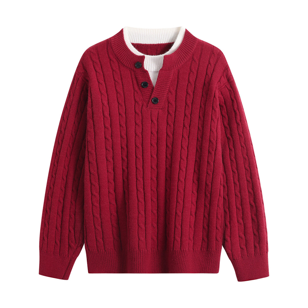 Damen Oversize Zopfstrick-Pullover mit Henley‑Kragen und Kontrastinnenkragen Echoarchiv
