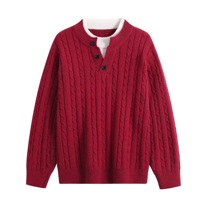 Damen Oversize Zopfstrick-Pullover mit Henley‑Kragen und Kontrastinnenkragen Echoarchiv