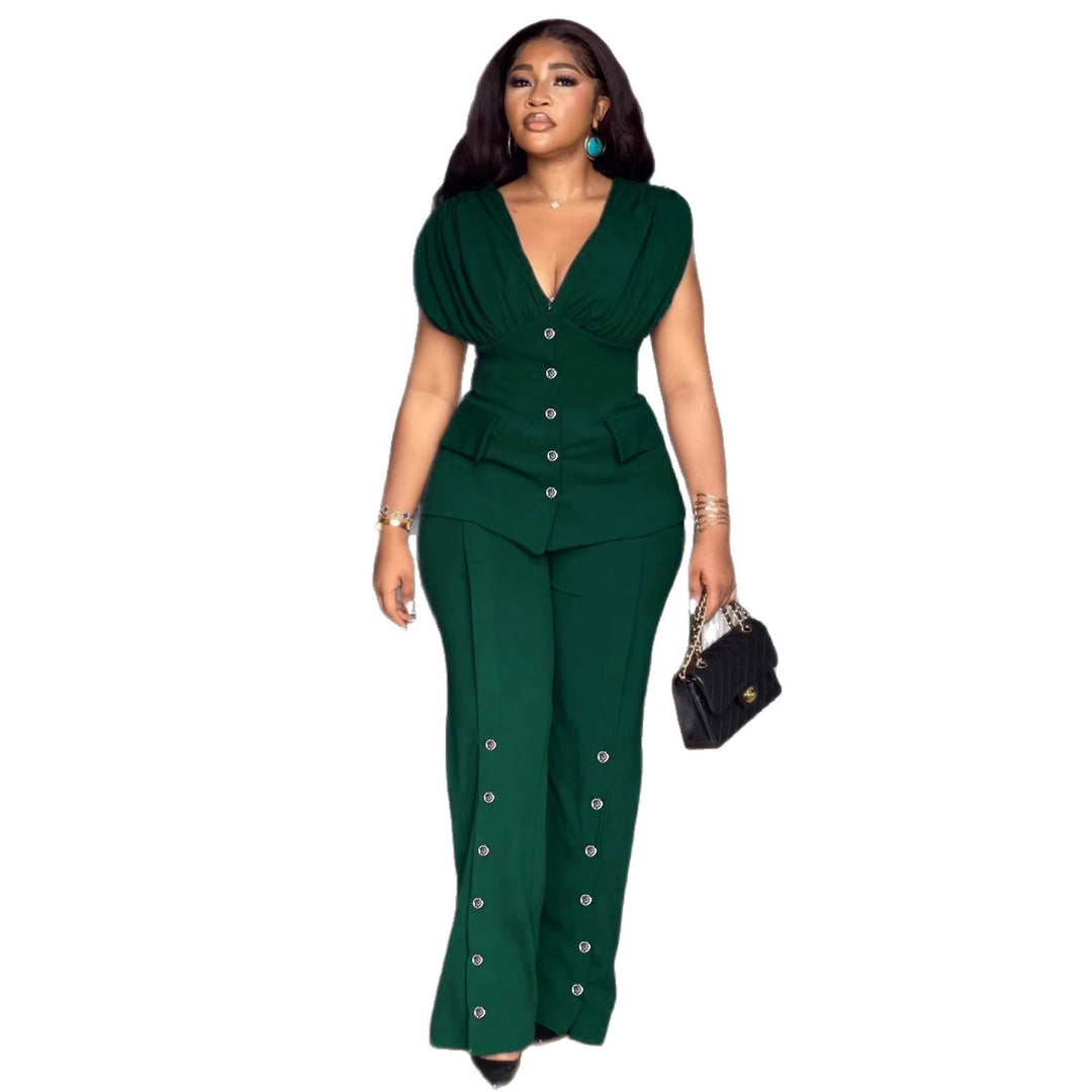 Damen elegantes Jumpsuit mit tiefem V-Ausschnitt und auffälligen Knopfdetails Echo Archiv