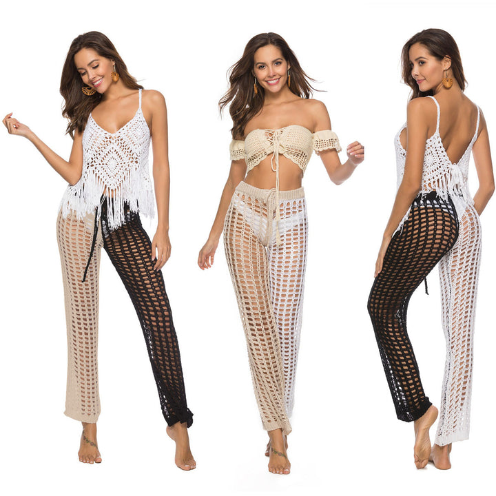 Damen Häkel-Strandhose mit transparentem Muster und modischen Fransen Echo Archiv