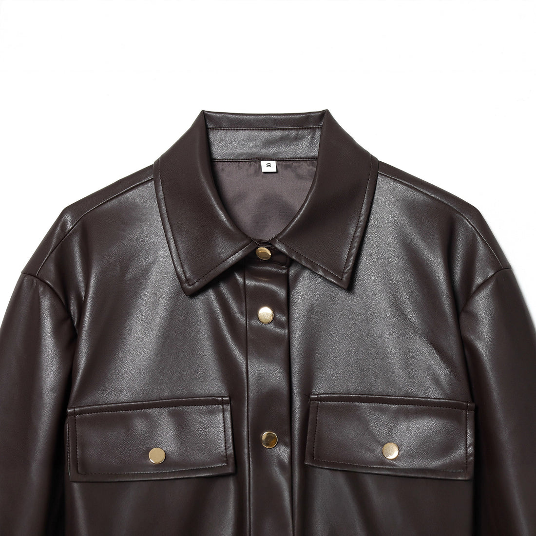 Damen taillierte Kunstleder-Hemdjacke mit Bindegürtel und Pattentaschen – Célinea