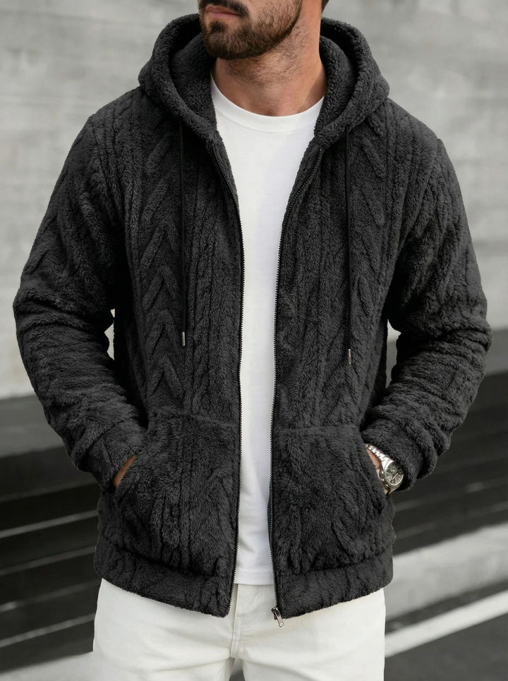 Herren kuschelige Kapuzenjacke aus Teddyfleece mit durchgehendem Reißverschluss und Kängurutaschen – Cavarno