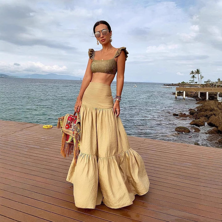 Damen Crop-Top und Rock Set mit Rüschen und floralem Muster Echo Archiv