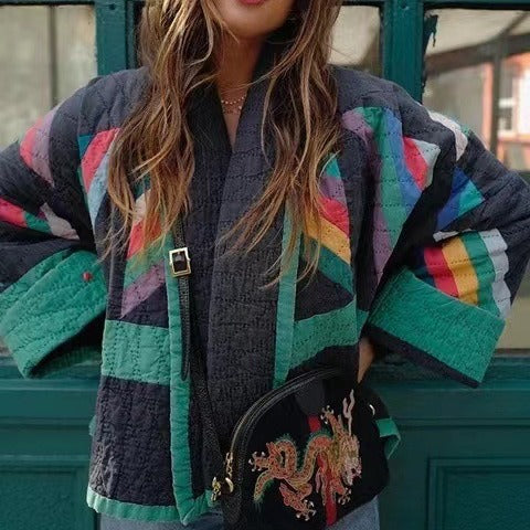 Damen wattierte Kimono-Steppjacke mit Patchwork-Design und weiten Ärmeln Echo Archiv