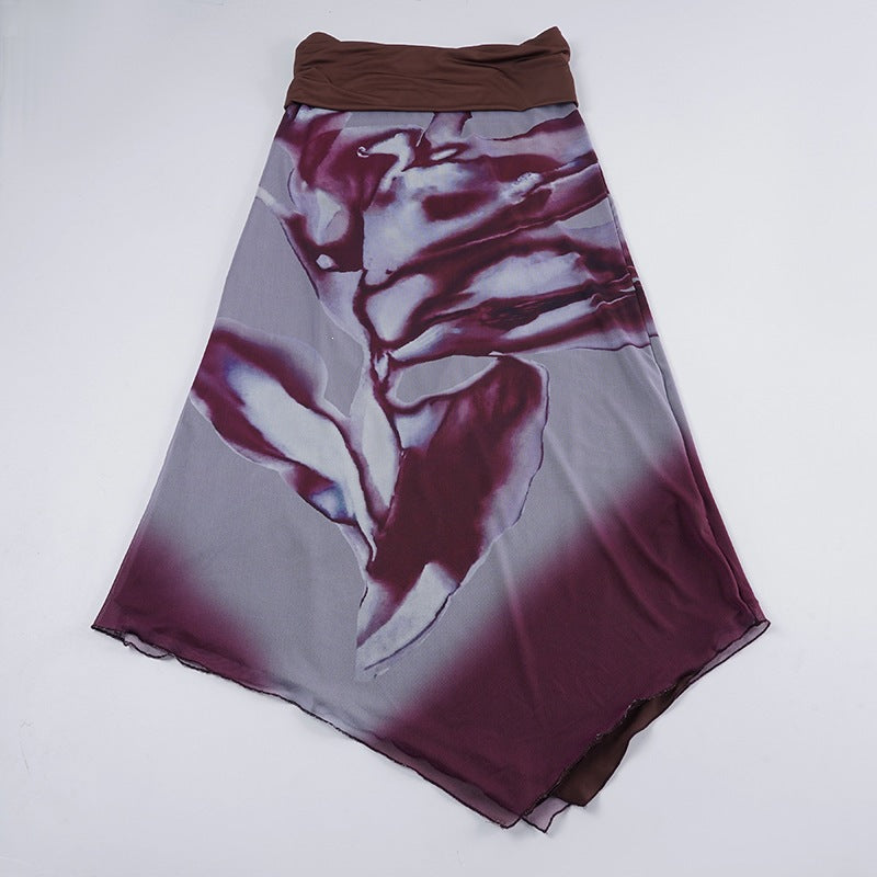 Damen Asymmetrischer Lagen-Chiffon-Maxirock mit Umschlagbund und Aquarellprint – Valéora