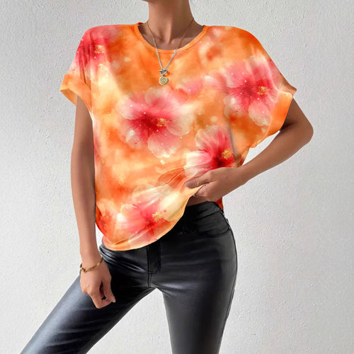Damen nan lockeres Kurzblusen-Shirt in Seidenoptik mit Aquarellblütenprint und Umschlagärmeln Echo Archiv