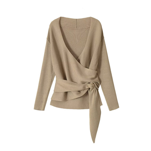 Damen Wickel-Strickpullover mit V‑Ausschnitt und Ziergürtel Echo Archiv