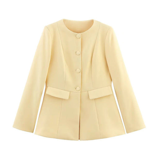 Damen taillierte Rundhals-Blazerjacke mit verdeckter Knopfleiste, Pattentaschen und figurformenden Teilungsnähten – Valéne