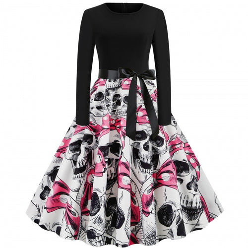 Damen Vintage Swingkleid mit Kürbisprint, langärmlig und taillierter Satinschleife – Élara