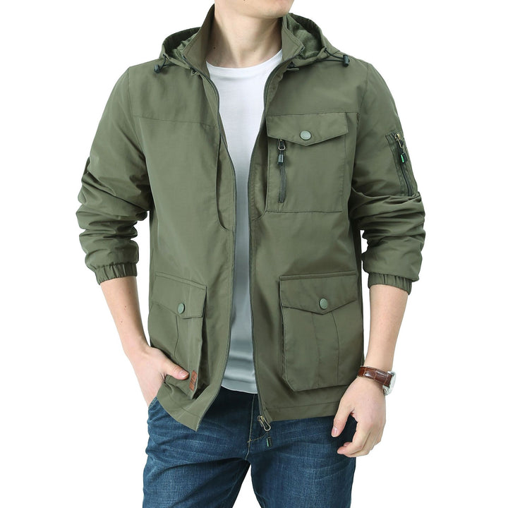 Herren  Kapuzen leichte Utility-Feldjacke mit Mehrfachtaschen, Reißverschluss und Druckknopfverschluss Echo Archiv