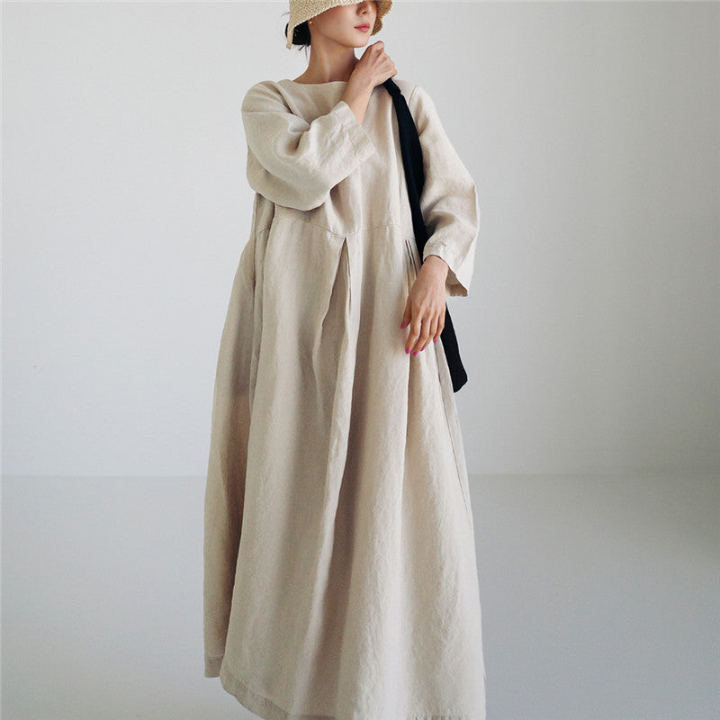 Damen Maxi-Kleid aus Leinen mit Teilnaht, sanften Faltenfall und Langarm – Valéora