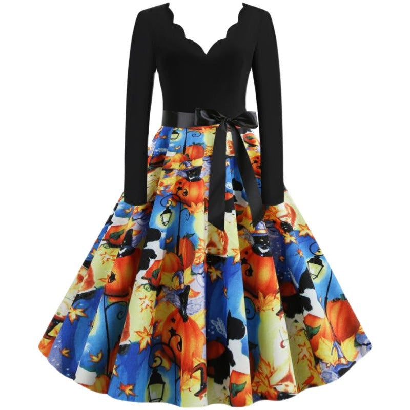 Damen Retro Swingkleid mit gewelltem Ausschnitt, langen Ärmeln und Halloween-Print Tellerrock – Élara