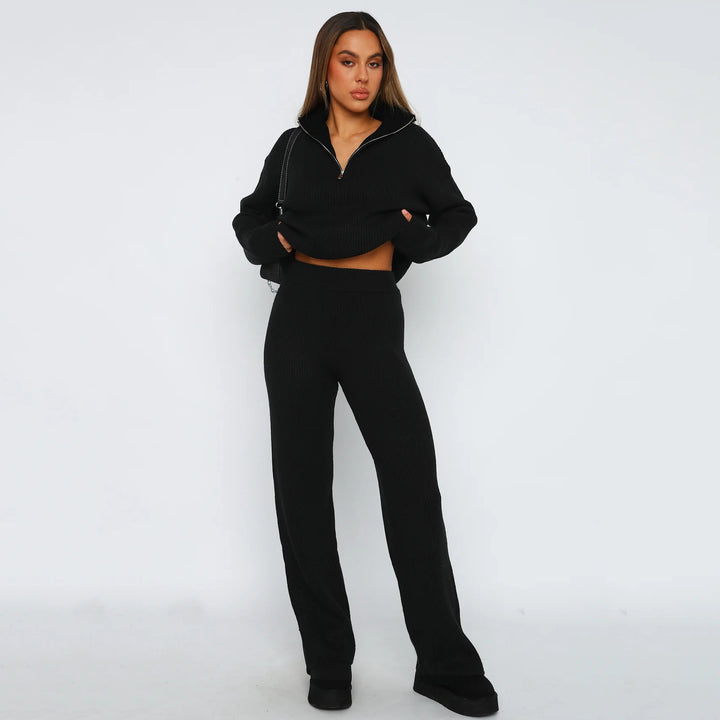 Damen Geripptes Strick-Lounge-Set mit halbem Reißverschluss und weiter Palazzohose – Mavelle
