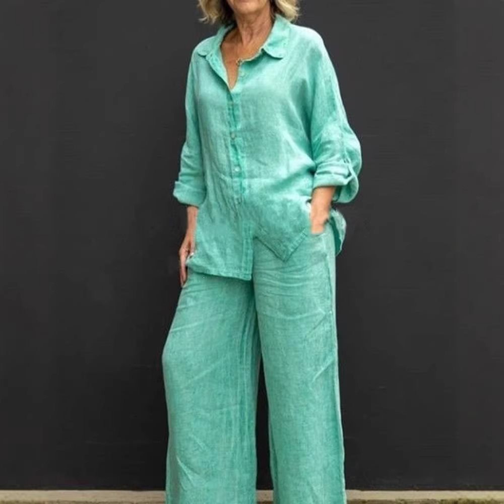 Damen Leichtes Leinen-Loungewear-Set mit Oversized-Hemd und weiter Palazzo-Hose Echo Archiv