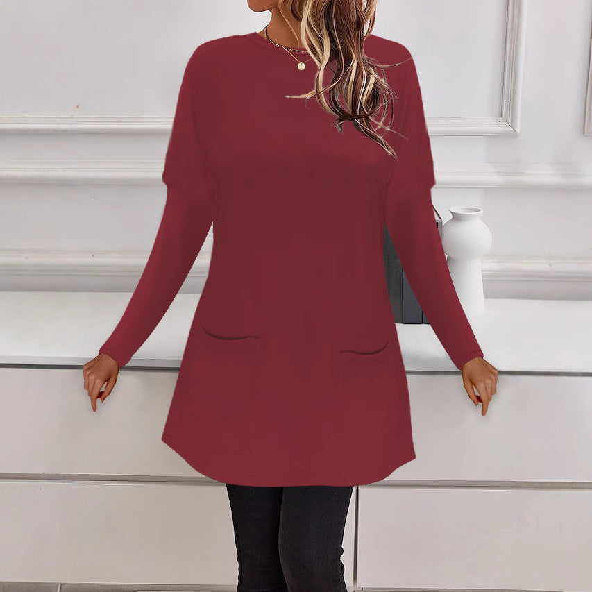 Damen Longline Feinstrick-Tunika mit Rundhalsausschnitt und aufgesetzten Taschen – Mavelle
