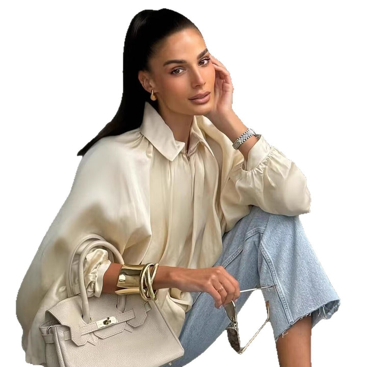 Damen Weite plissierte Cape-Bluse mit Stehkragen und verdecktem Reißverschluss Echo Archiv