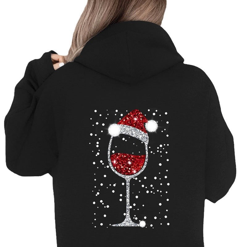 Damen Oversize Kapuzenpullover mit weihnachtlichem Glitzer-Weinglas-Print Echoarchiv
