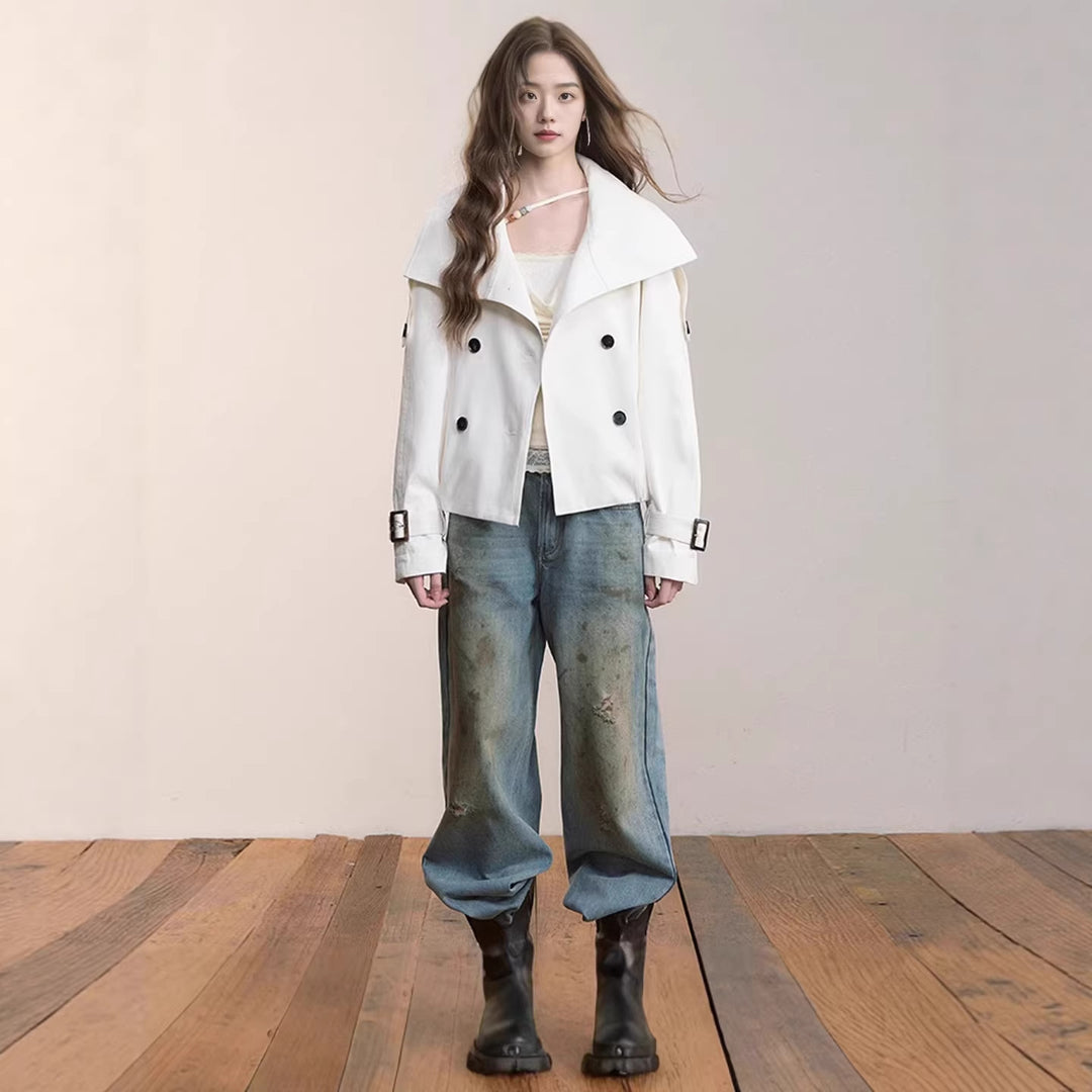 Damen Oversized Doppelreihige Trench-Bomberjacke mit hohem Stehkragen Echoarchiv