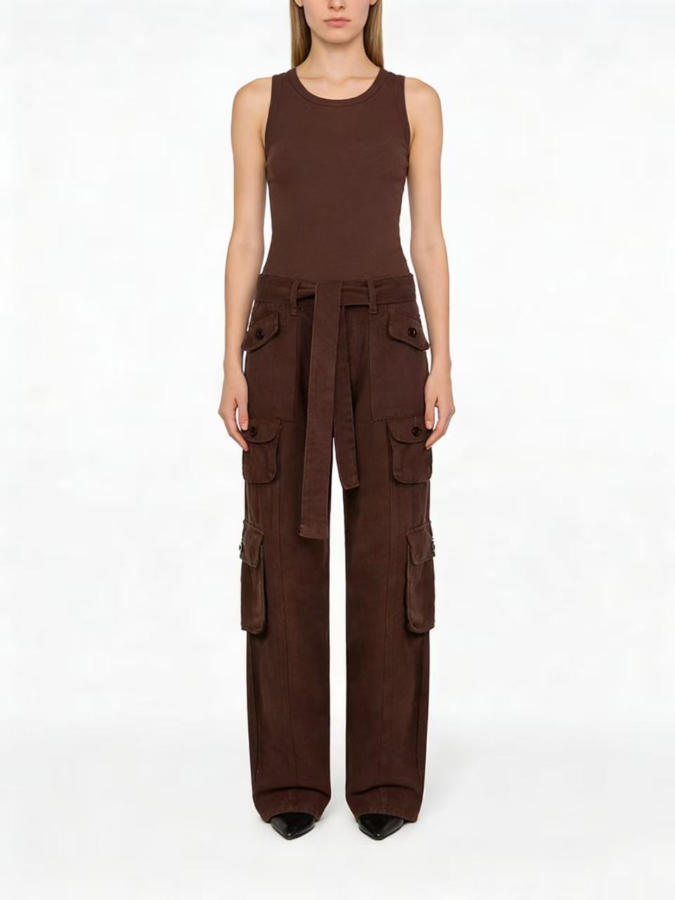 Damen nan weite Cargo-Hose mit hoher Taille, Bindegürtel und mehreren aufgesetzten Klappentaschen Echo Archiv