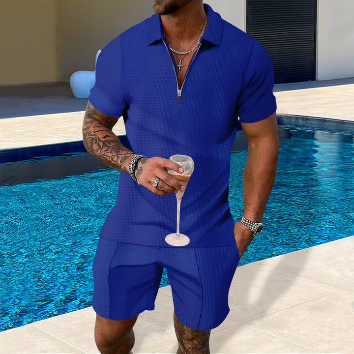 Herren lässiges Polo- und Shorts-Set mit Reißverschluss und strukturierter Oberfläche Echoarchiv