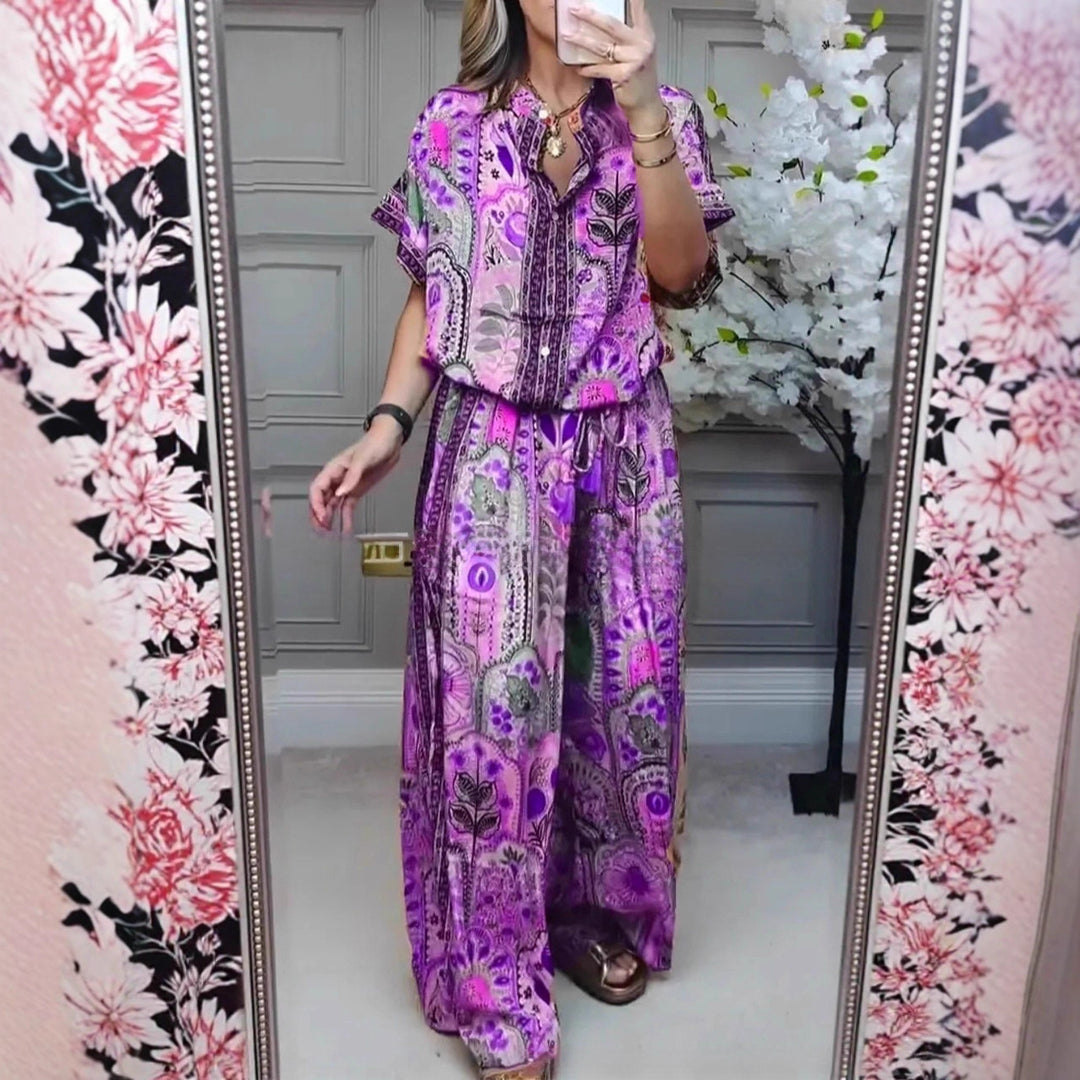 Damen nan Boho-Zweiteiler aus leichter Viskose mit Kurzarmbluse Knopfleiste Kordelbund und weitem Palazzohose Echo Archiv