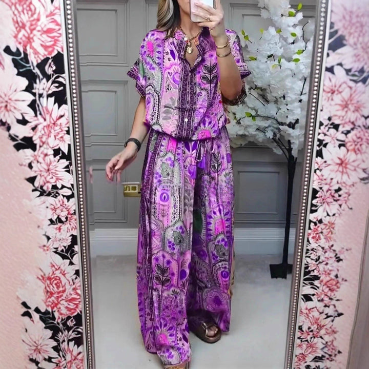 Damen nan Boho-Zweiteiler aus leichter Viskose mit Kurzarmbluse Knopfleiste Kordelbund und weitem Palazzohose Echo Archiv