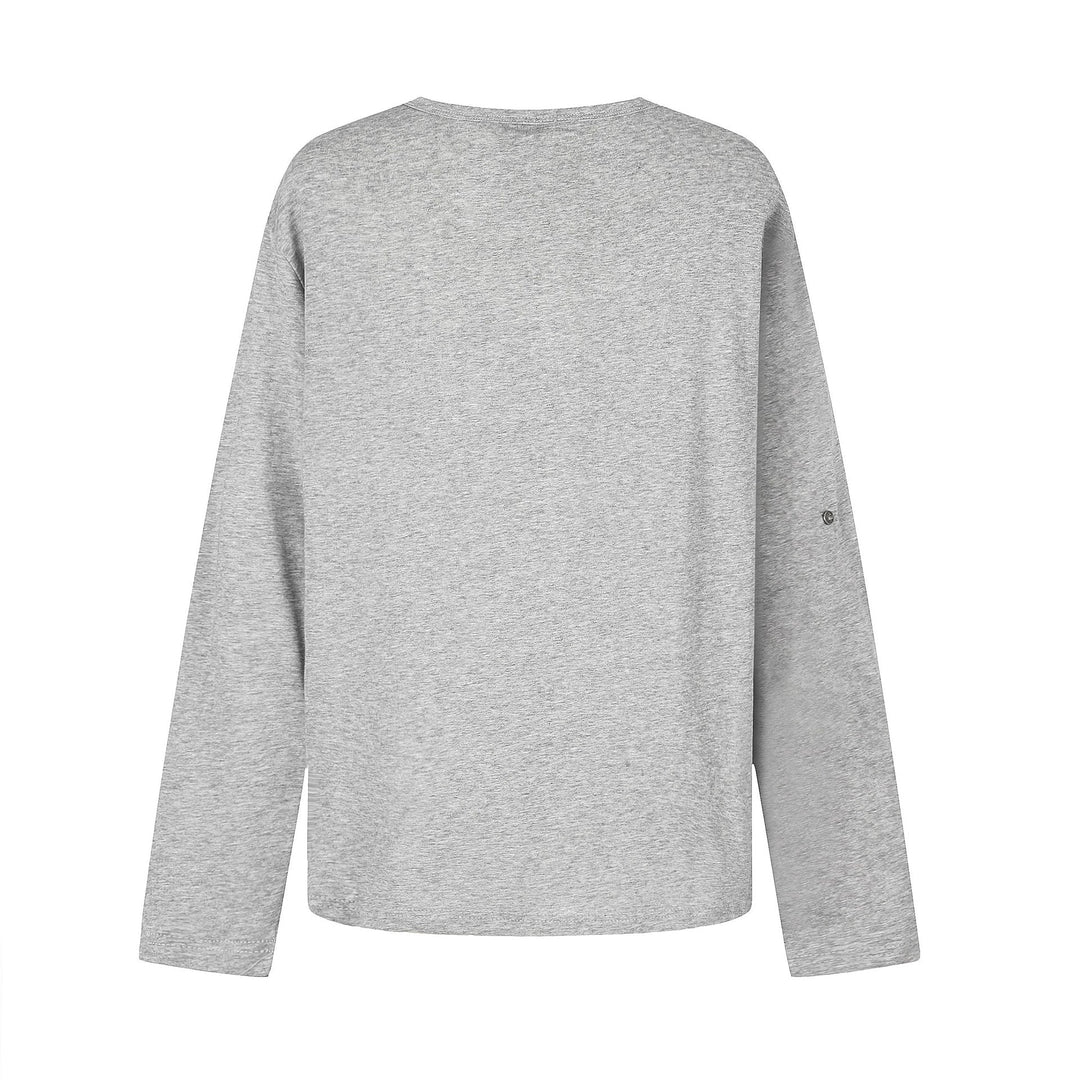 Damen Lässiges Langarmshirt mit Notch‑Ausschnitt, Oversize‑Silhouette und Druckgrafik Echoarchiv
