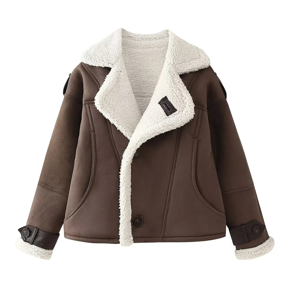 Damen kurze Fliegerjacke im Aviator‑Look mit Teddyfutter, großem Schalkragen und verstellbaren Manschetten – Célinea
