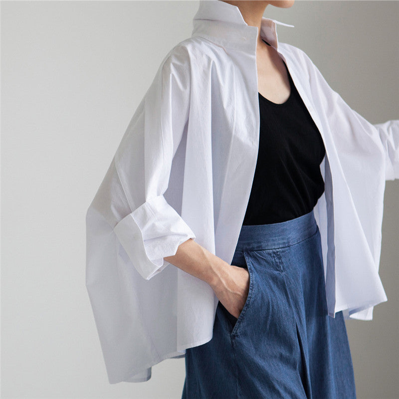 Damen weite Popeline-Bluse mit kastigem Schnitt und überschnittenen Ärmeln – Élovi