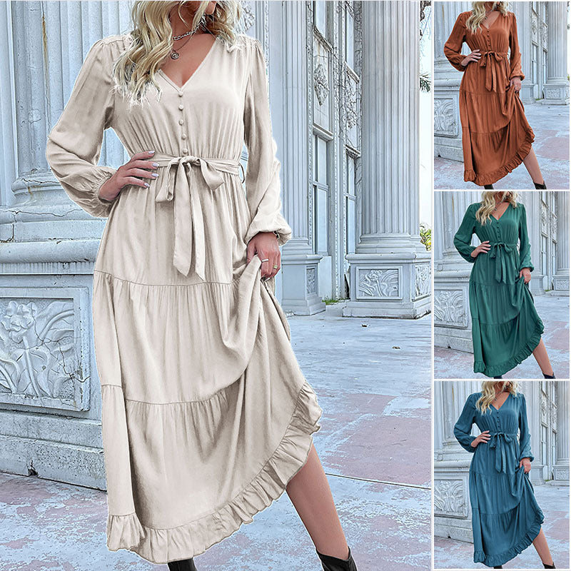 Damen Langes Satin‑Optik Stufenkleid mit V‑Ausschnitt, Bindegürtel und Volantsaum Echoarchiv