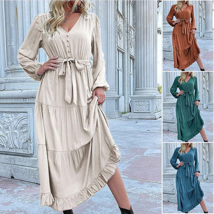 Damen Langes Satin‑Optik Stufenkleid mit V‑Ausschnitt, Bindegürtel und Volantsaum Echoarchiv