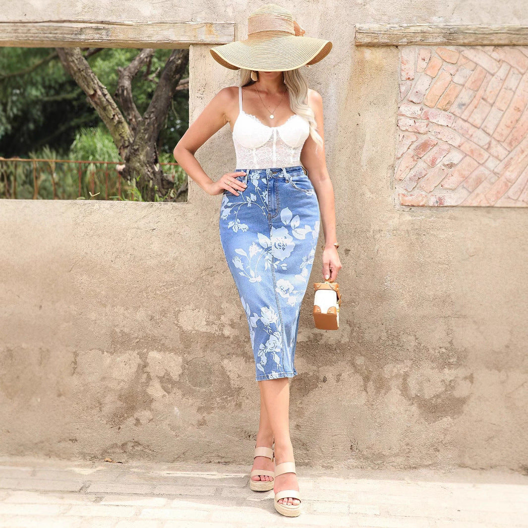 Damen taillenhoher floraler Denim-Bleistiftrock (Midi) Echo Archiv