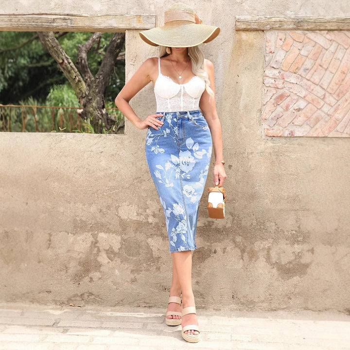 Damen taillenhoher floraler Denim-Bleistiftrock (Midi) Echo Archiv