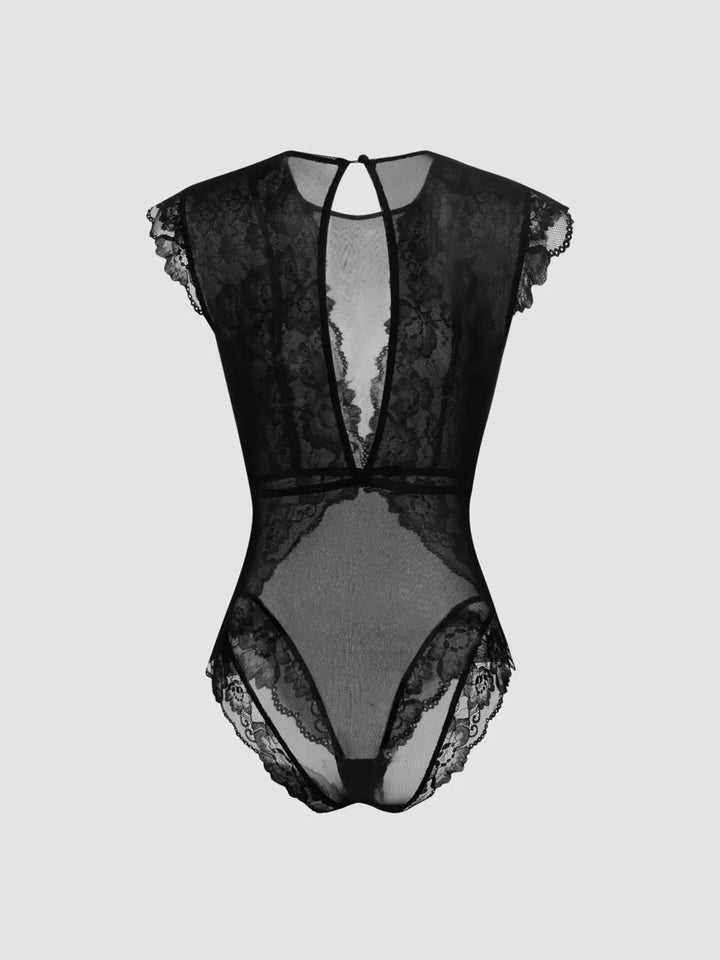 Damen Elegantes Spitzenbody mit tiefem V-Ausschnitt und zarten Rüschendetails Echo Archiv