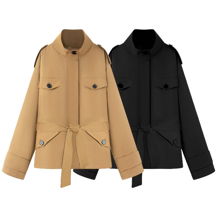 Damen Kurze Utility-Jacke mit Taillengürtel und Schulterklappen Echoarchiv