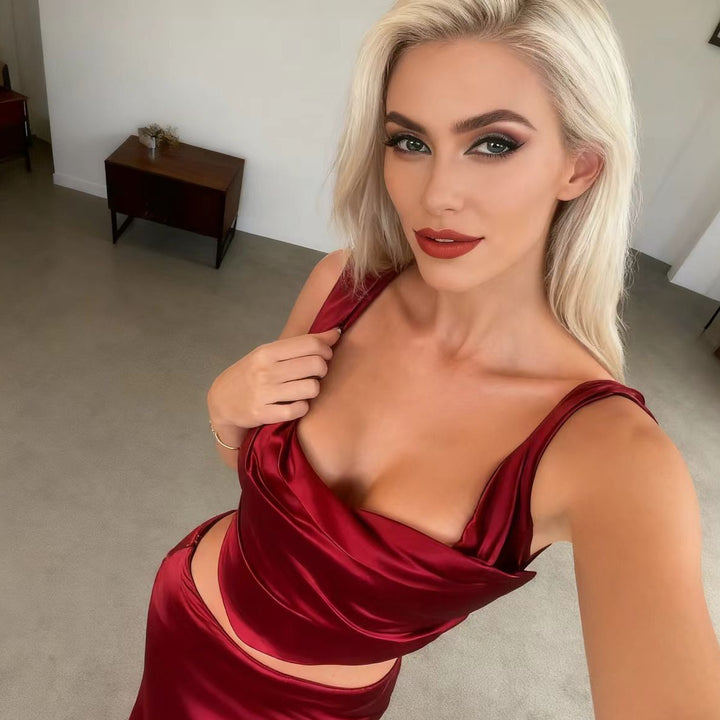Damen Elegantes Satin Set mit tailliertem Oberteil und schwingendem Rock Echo Archiv