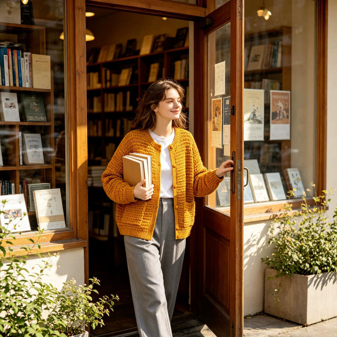Damen Grobgestrickter Oversize-Cardigan mit Knopfleiste und aufgesetzten Taschen Echoarchiv